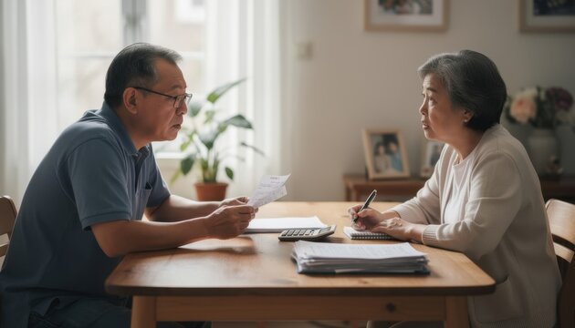 Financial Planning at Home: An elderly Asian couple sits at a dining table, reviewing financial documents and engaging in a serious discussion about their finances.