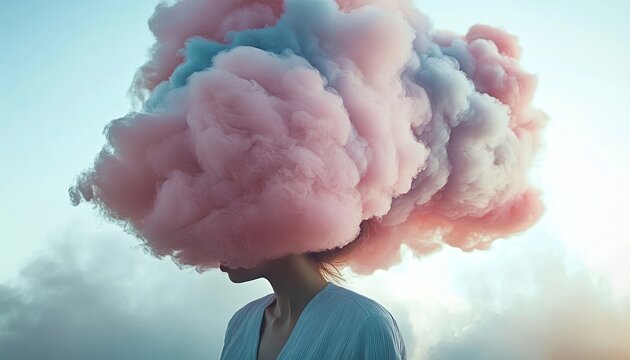 A woman whose head transforms into dramatic pink and blue pastel clouds representing mental health.