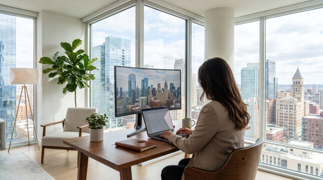 Businesswoman working on laptop and external monitor at wooden desk in modern high rise office apartment with panoramic urban cityscape view