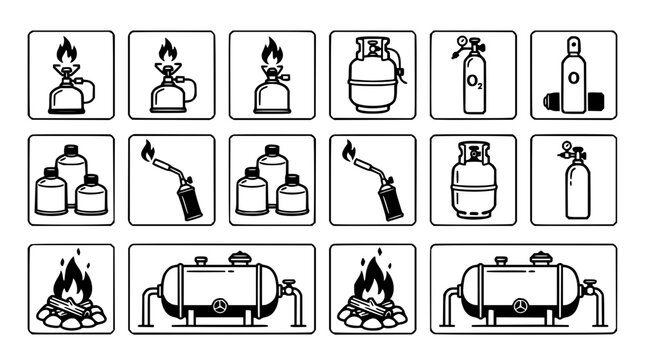 Gas equipment set with butane cylinders, propane tanks, fire flames, oxygen tanks featuring camping stove, fire torch, gas bottle with valve and regulator