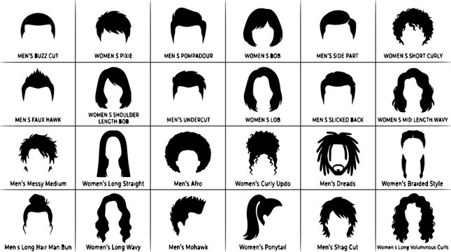 Hairstyles set with silhouette illustrations featuring long hair, short hair, wavy hair, curly hair with pompadour and undercut
