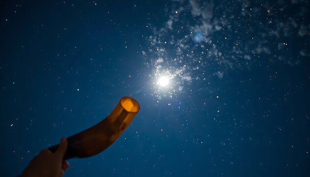 Shofar horn pointed toward starry night sky during jewish holiday celebration with rosh hashanah yom kippur ram horn dark sky tradition spiritual celebration religious ceremony