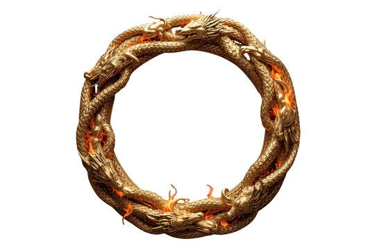 Circular golden dragon ornament with intertwined mythical creatures and flames