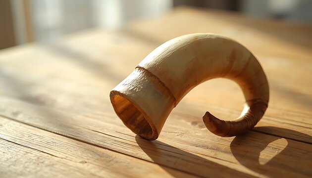 Traditional shofar ram horn resting on a wooden table in sunlight with rosh hashanah yom kippur wind instrument still life tradition religious ceremony heritage sunlight