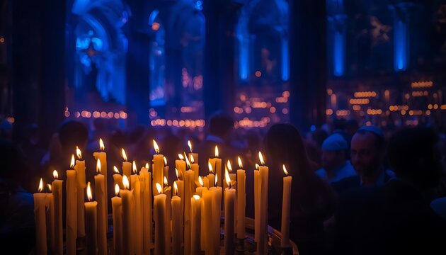 Group of glowing burning candles during a candlelight vigil or ceremony with blue lighting wax candles candlelight ceremony memorial religious spiritual darkness atmosphere