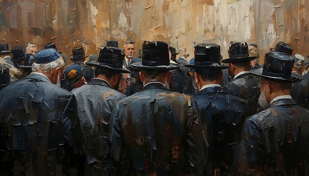 Group of men wearing dark coats and hats standing together in an artistic painting style with fine art painting historical portrait gentlemen headwear standing together