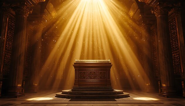 Ancient decorated altar casket illuminated by dramatic divine golden light rays from above with interior sanctuary mystical illumination decorations architecture cathedral