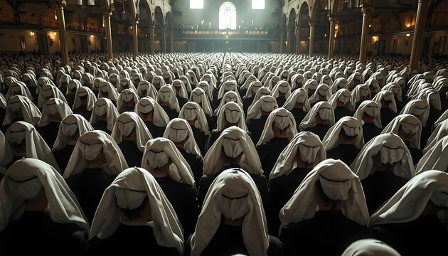 Massive congregation of people wearing traditional white head coverings gathered inside a vast hall with large group congregation gathering assembly traditional uniformity