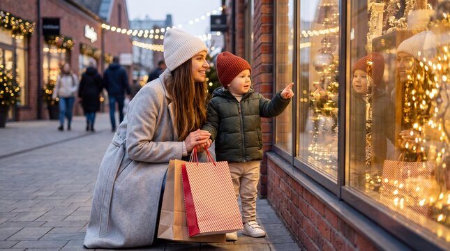 Woman and child admire festive window display with Christmas decorations while shopping in a charming outdoor shopping area during winter