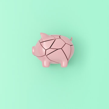 Broken piggy bank as 3d render symbolizing financial instability