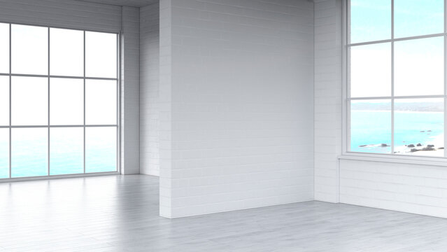 Modern empty apartment interior with large windows and ocean view