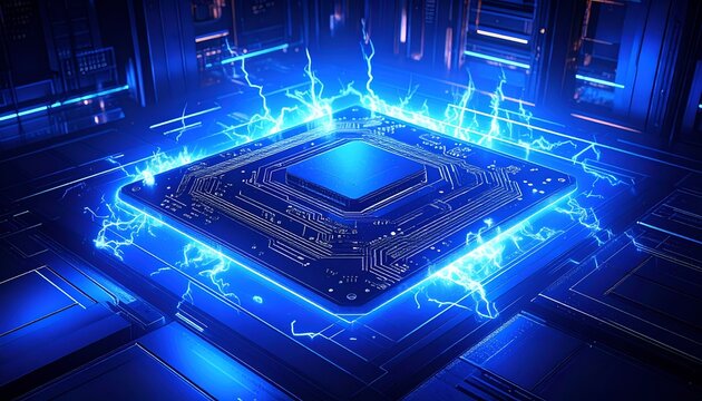 High tech computer chip illustration showcasing advanced circuitry and digital technology in a futuristic environment ideal for electronics and computing concepts in digital industry imagery