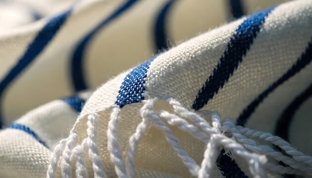Close-up of a white and blue fringed prayer shawl fabric texture with stripes jewish tradition material religion spiritual ceremony tradition synagogue accessory background