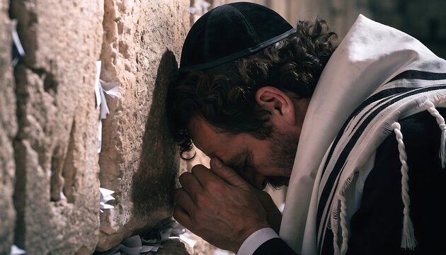 Jewish man wearing a yarmulke and prayer shawl praying while touching the ancient stone wall with holy site sacred place head covering yarmulke devotion religion spirituality
