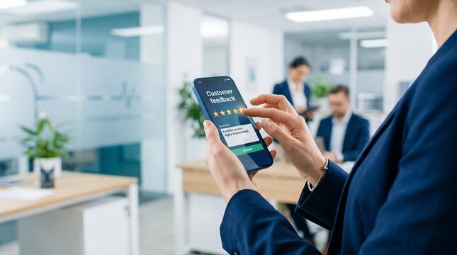 Professional woman providing feedback on a digital survey via smartphone application in a contemporary office.