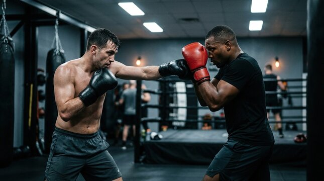 Professional boxers training in dark gym ring throwing punches with black and red gloves demonstrating athletic power and combat.