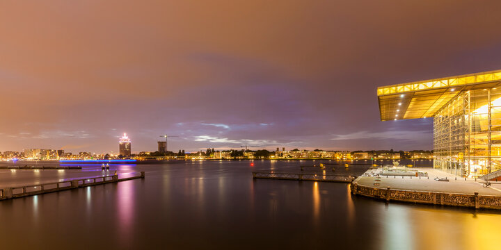 Netherlands, Amsterdam, view to  A'Dam Lookout and Muziekgebouw aan 'T IJ at twilight