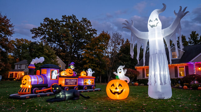 Inflatable Halloween decorations including a ghost and train on a lawn at dusk, showcasing festive holiday spirit and decorations