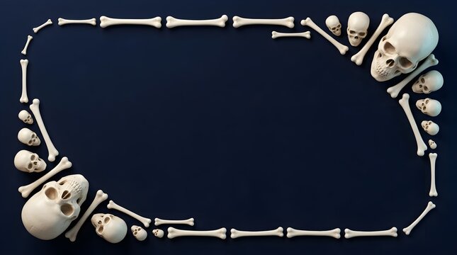 Halloween skull and bone frame border on dark blue background for spooky holiday design.