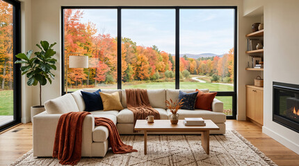 Fototapeta premium Modern living room with large windows showcasing vibrant autumn foliage, symbolizing comfort, nature, and seasonal change.