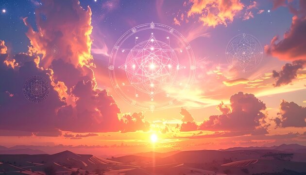 Surreal Sunset Sky with Sacred Geometry Overlay, Cosmic Sunrise, Spiritual Landscape