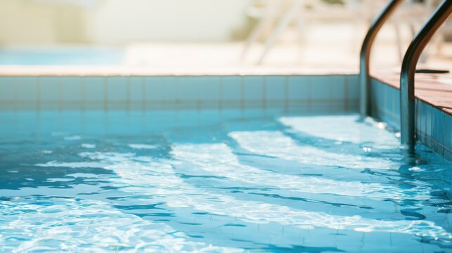 Swim area with clear water during sunny time near poolside chairs