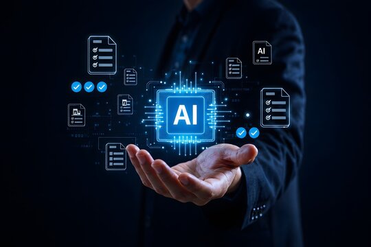 AI technology for document verification and task checklist approval automation. business interface, representing smart workflow, data control, task tracking, and decision making efficiency.