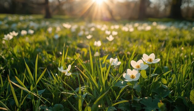 Spring meadow with white flowers and sunlight