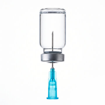 Medical Syringe Needle Inserted into Inverted Glass Vial Isolated on White