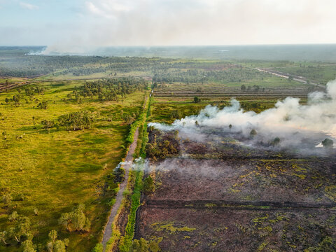 Aerial view of smoke rising from a fire in a field with scorched earth and green vegetation in South Kalimantan, Indonesia.