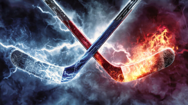 Two hockey sticks from different teams intersect with a puck bet
