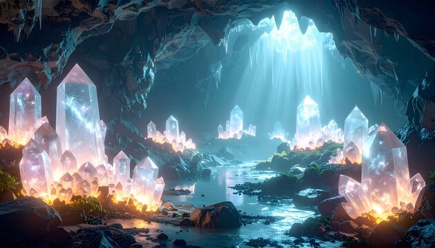 Explore a vibrant subterranean cavern filled with luminous crystals and shimmering mineral formations creating a mesmerizing environment that captures the wonder of underground natural beauty