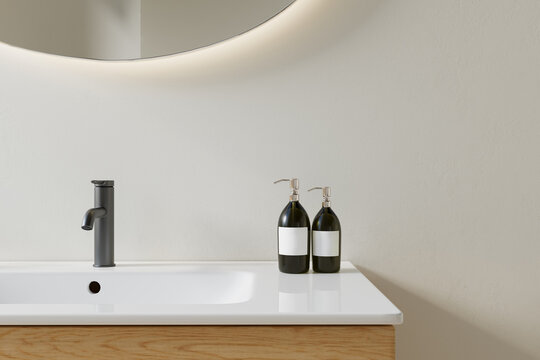 Bathroom interior close up modern vanity washbasin wooden cabinet soap dispenser architecture minimalist