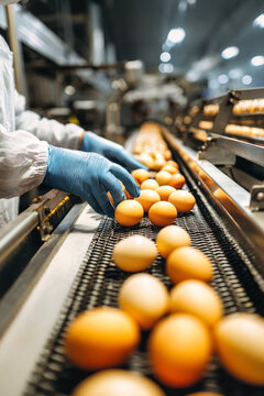 A worker in blue gloves and white uniform cleans fresh eggs on a