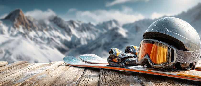 Skis, helmet, and goggles placed on a wooden table with a backdr