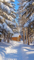 Naklejka premium Picturesque Trail Through A Deep Winter Pine Forest Leading To A Small Log Cabin Covered In Snow
