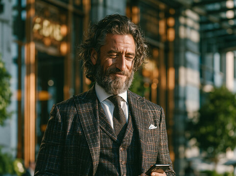 A serious middle-aged Caucasian man with wavy salt-and-pepper hair, round gold-rimmed glasses, and a well-groomed grey beard stands outdoors in a tailored light-blue three-piece suit with matching