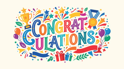 Naklejka premium Congratulations typography vector illustration featuring colorful festive elements like gold trophy medals floating balloons and gift boxes designed with creative vibrant artistic flair 