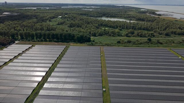 Aerial view of large solar farm beside the Markermeer in Almere Buiten, Netherlands