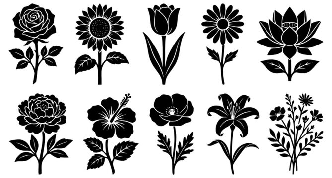 10 Botanical Flower Stencil Vector Set with Rose Sunflower Tulip Daisy Lotus Lily and Wildflower Cutout Designs