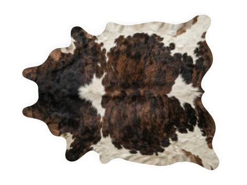 Natural brown and white cowhide rug for home interior decoration seen from top view angle isolated on transparent background