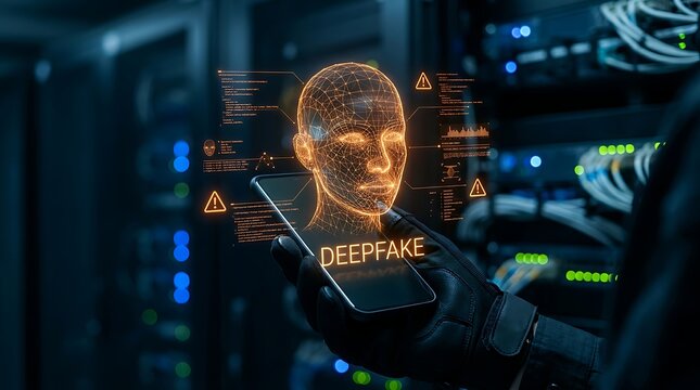 Deepfake technology concept, a digital human face hologram projected from a smartphone, illustrating AI-generated fake content and cyber security threats in a server room environment.
