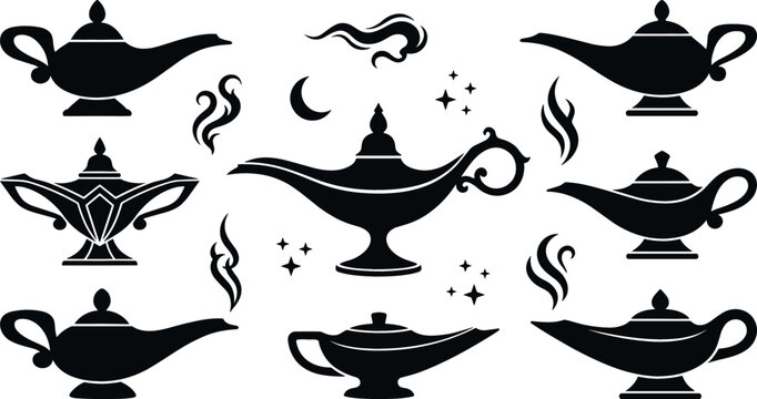 Aladdin magic genie oil lamp silhouette vector set featuring Arabian nights fairytale lamps mystical smoke clouds crescent moon and magic sparkle stars