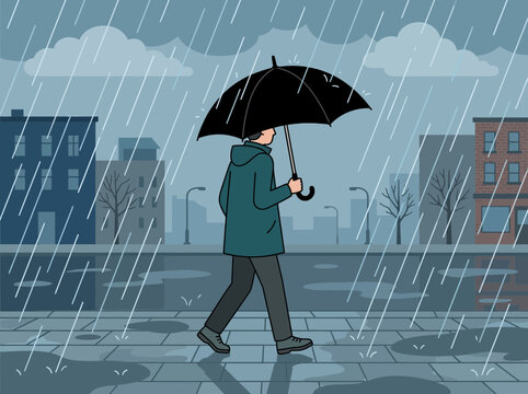 Man in a green hooded jacket walking with a black umbrella during rainfall.