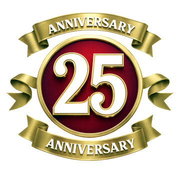 Elegant golden twenty fifth anniversary emblem with red circle and decorative banners celebration design