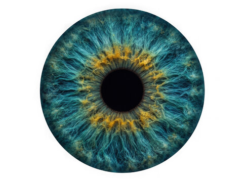 Close up view of a realistic human blue eye iris with yellow details isolated on a background