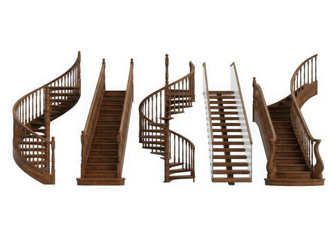 Set of different wooden staircases with railings isolated on a transparent background