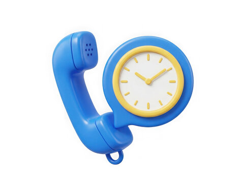3d blue telephone handset icon with a yellow clock symbol representing customer service time isolated on transparent background