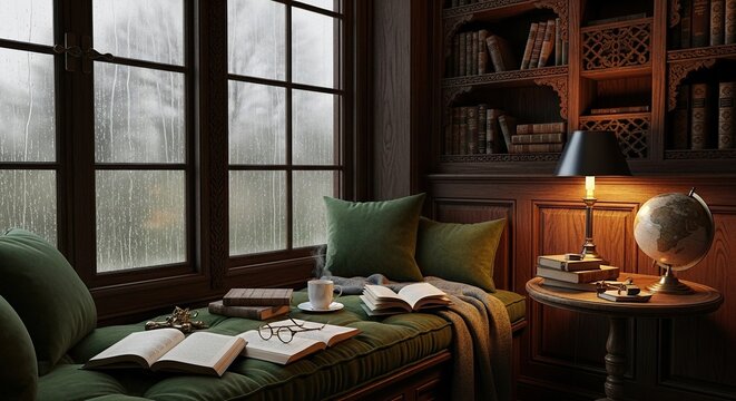 Cozy Reading Nook with Books, Globe, and Rainy Window.