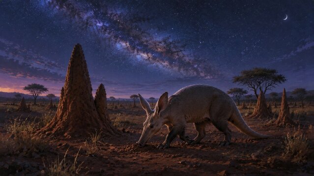 Aardvark foraging among termite mounds beneath the Milky Way and crescent moon, a magical nocturnal wildlife illustration for African animals, night landscapes and insect-eating mammals
